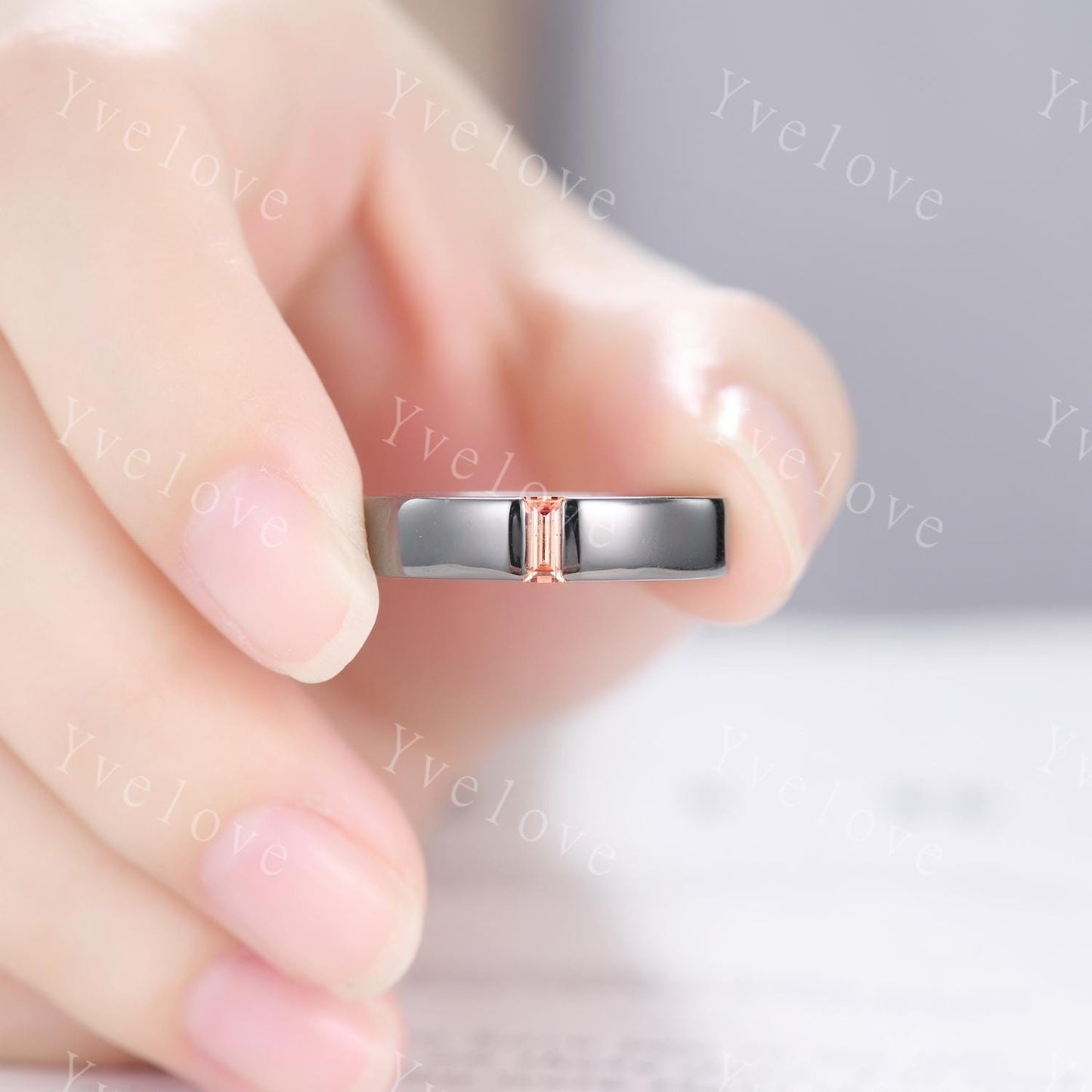 Mens Orange Sapphire Wedding Band Baguette Cut Sapphire Band 5mm White Gold Ring Mens Stacking Matching Band Retro Ring Gift For Boyfriend