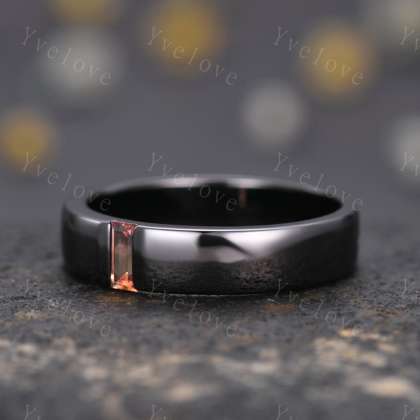 Mens Orange Sapphire Wedding Band Baguette Cut Sapphire Band 5mm Black Gold Ring Mens Stacking Matching Band Retro Ring Gift For Husband