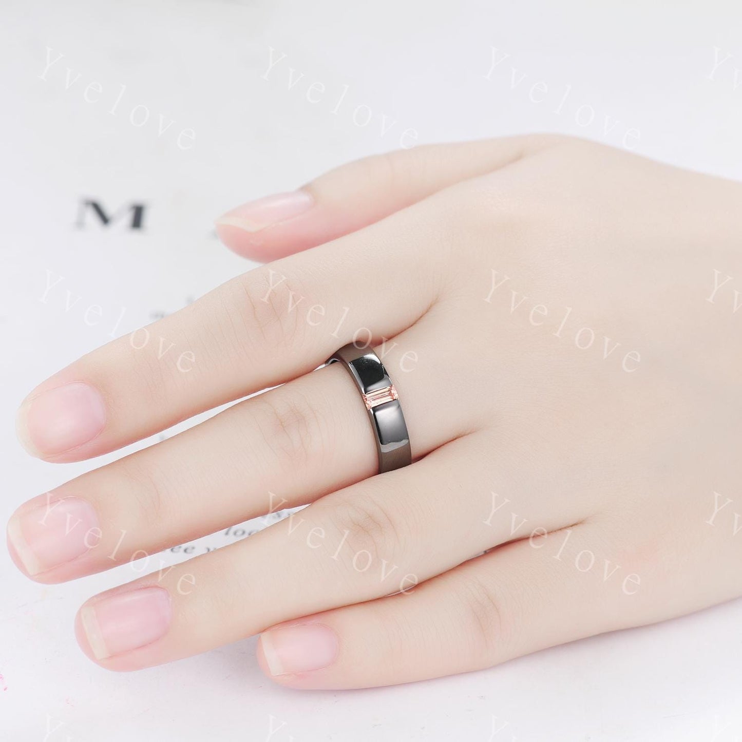 Mens Orange Sapphire Wedding Band Baguette Cut Sapphire Band 5mm Black Gold Ring Mens Stacking Matching Band Retro Ring Gift For Husband