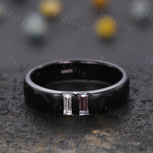 Mens Alexandrite Moissanite Wedding Band Baguette Cut Alexandrite Ring Black Gold Ring Hammered Stacking Matching Band Retro Vintage Gift