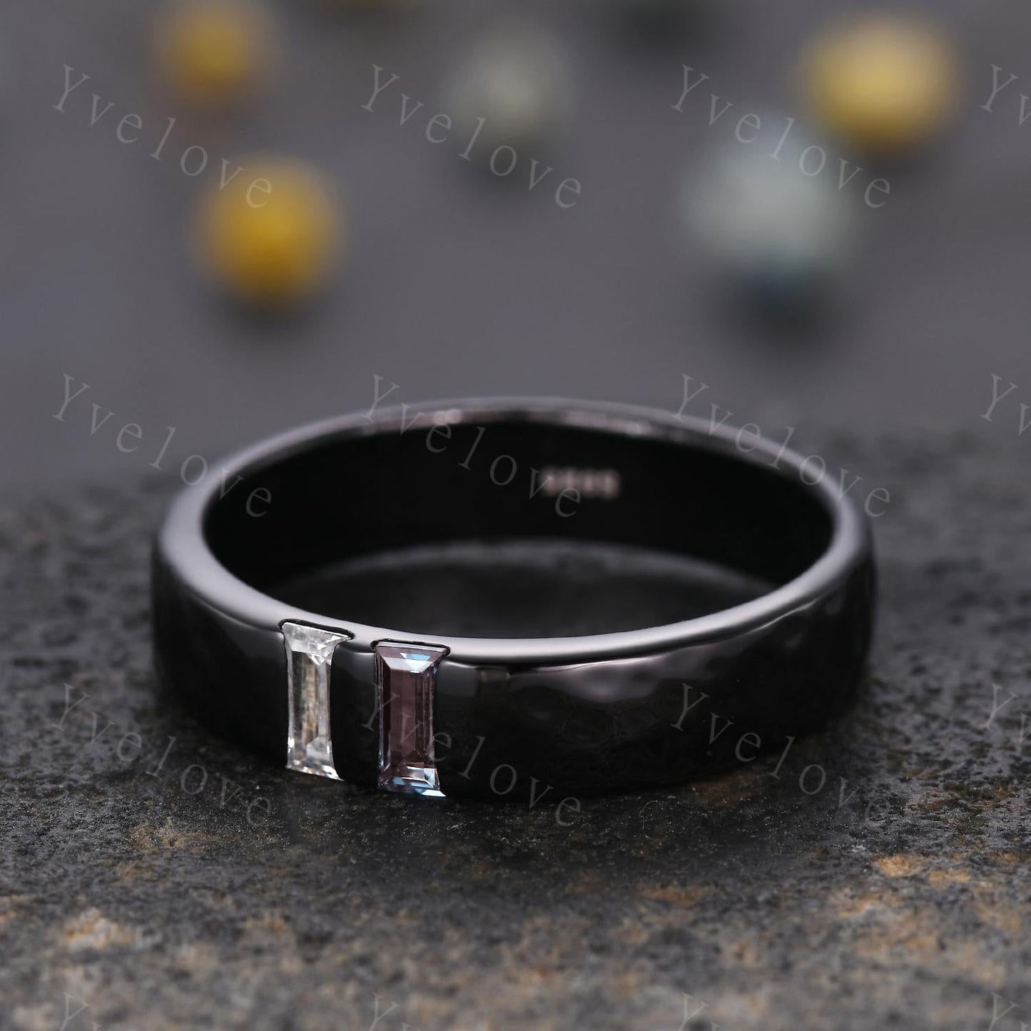 Mens Alexandrite Moissanite Wedding Band Baguette Cut Alexandrite Ring Black Gold Ring Hammered Stacking Matching Band Retro Vintage Gift
