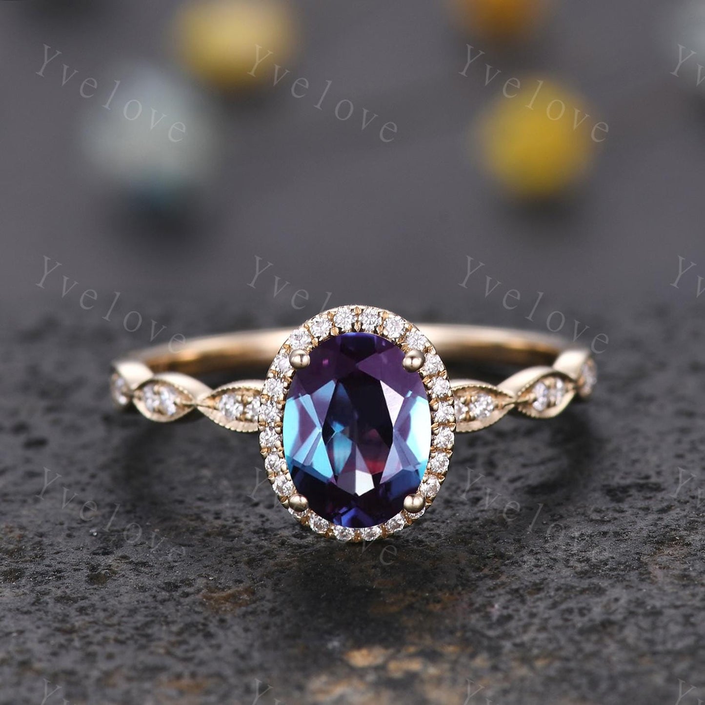 Vintage Oval Alexandrite Engagement Ring Set 14K Gold Unique Halo Diamond Engagement Ring Double Curved Enhancer Wedding Band Promise gift