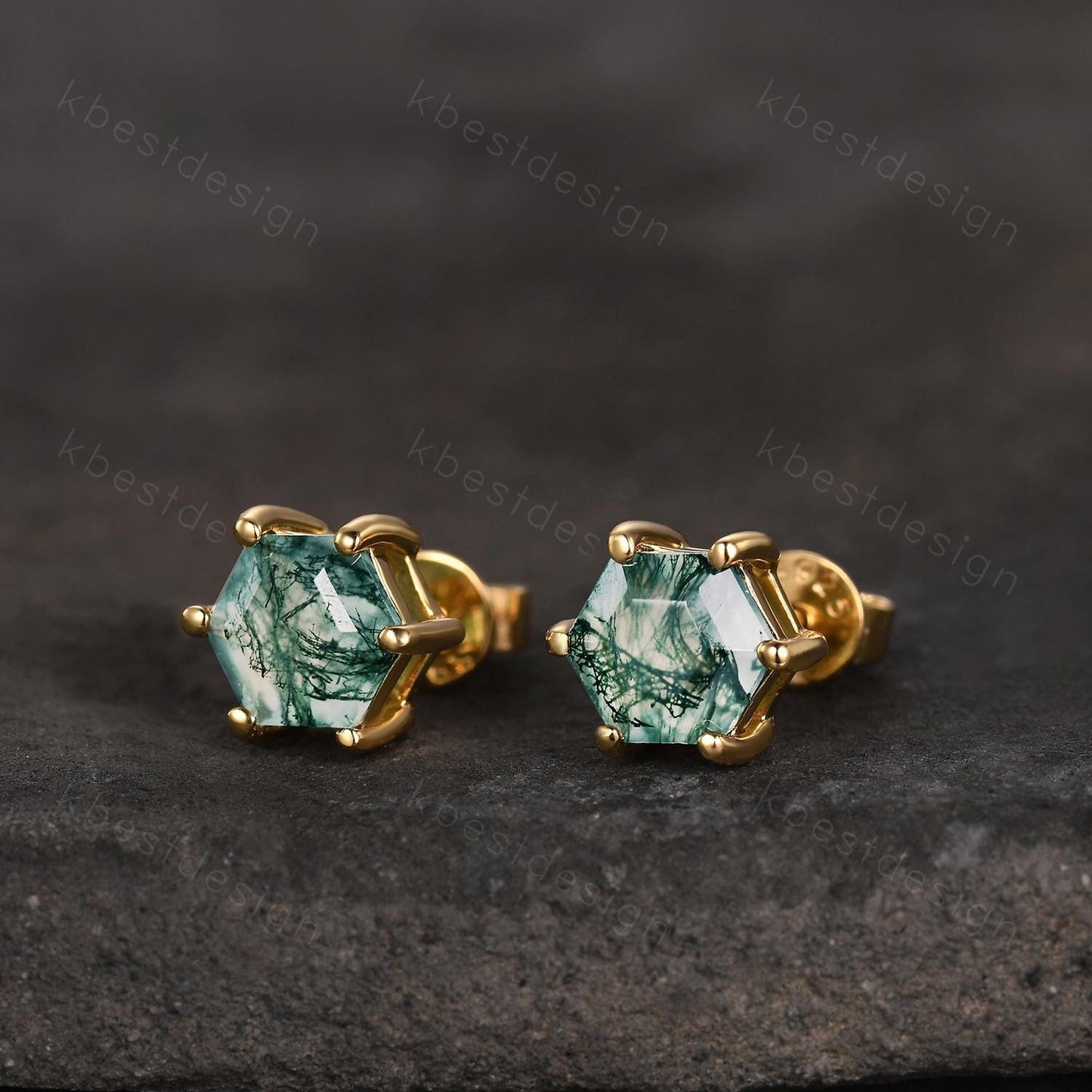 Natural moss agate stud earrings, yellow gold studs, hexagon cut moss agate earring studs, best friend gift, anniversary gift for her