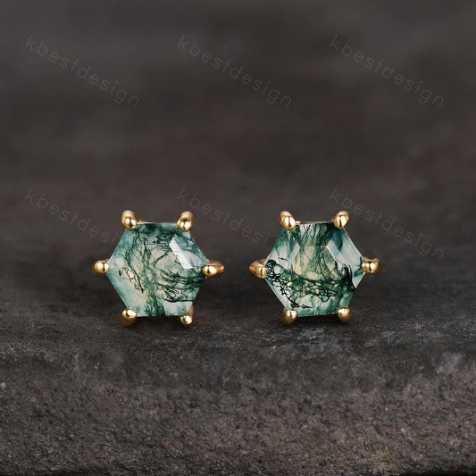 Natural moss agate stud earrings, yellow gold studs, hexagon cut moss agate earring studs, best friend gift, anniversary gift for her