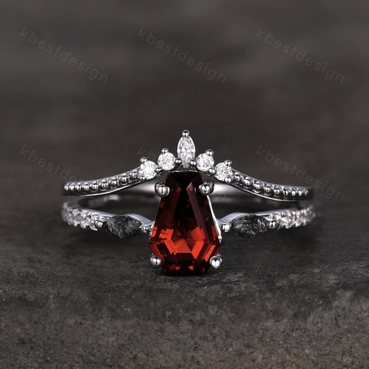 Coffin shaped garnet engagement ring set unique art deco Moissanite wedding ring silver stacking ring vintage bridal wedding ring set