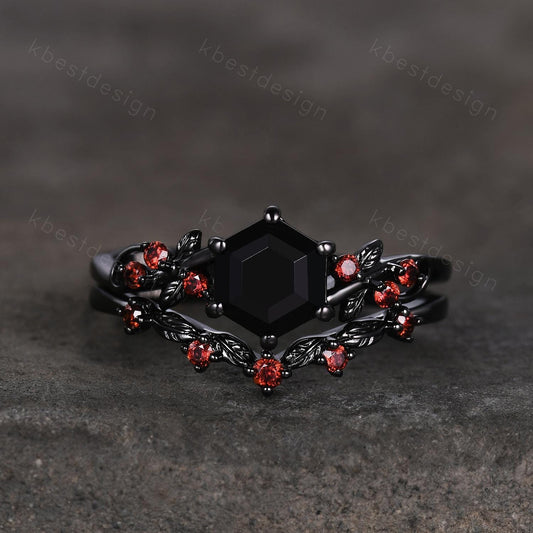 Gothic Hexagon cut Black Onyx Engagement Ring Art Deco Branch Design Leaf Garnet Wedding Ring Black Gold Ring Unique Bridal Ring Set