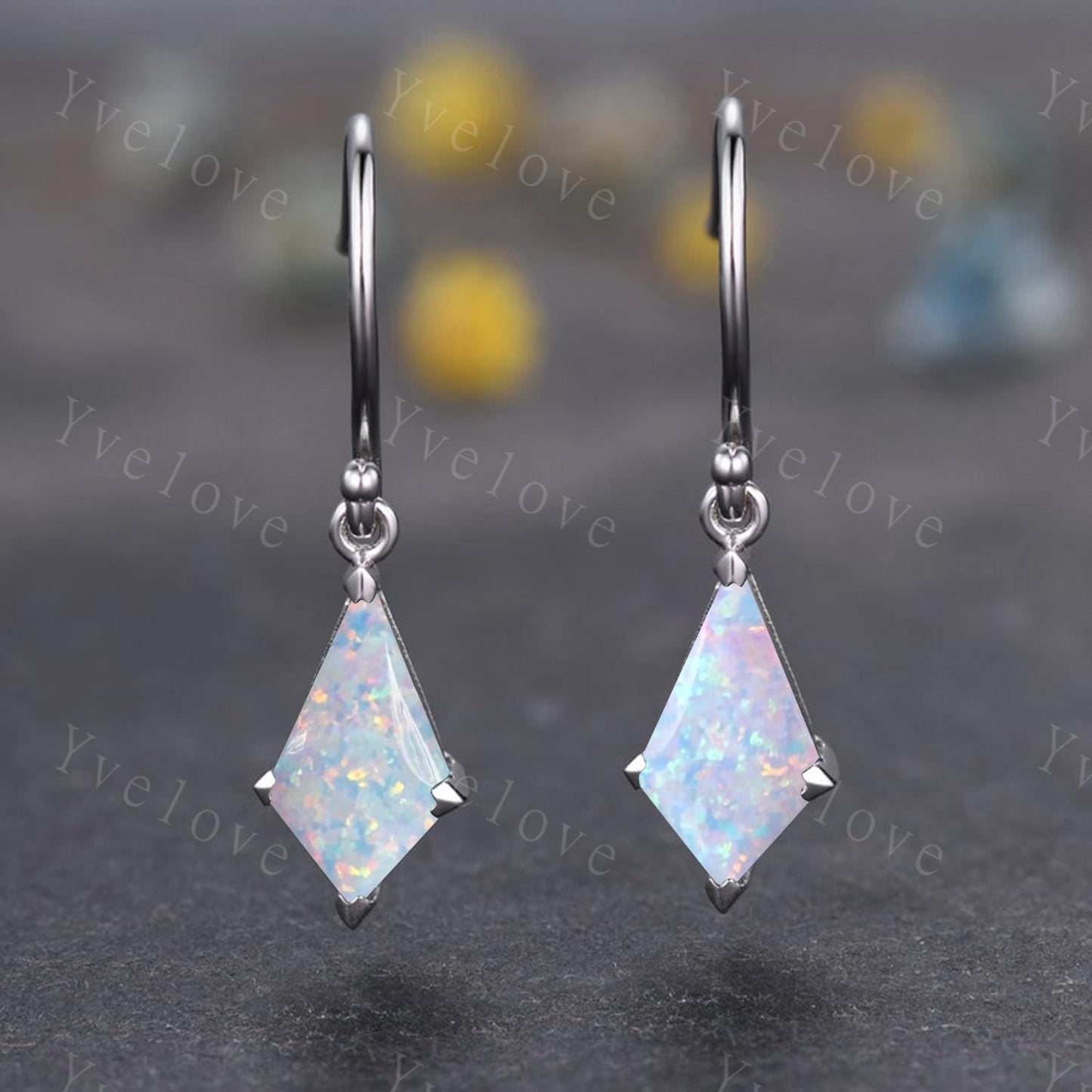 Vintage Kite shape white opal earrings opal jewelry unique earrings women art deco earring anniversary gift for her October birthday gift