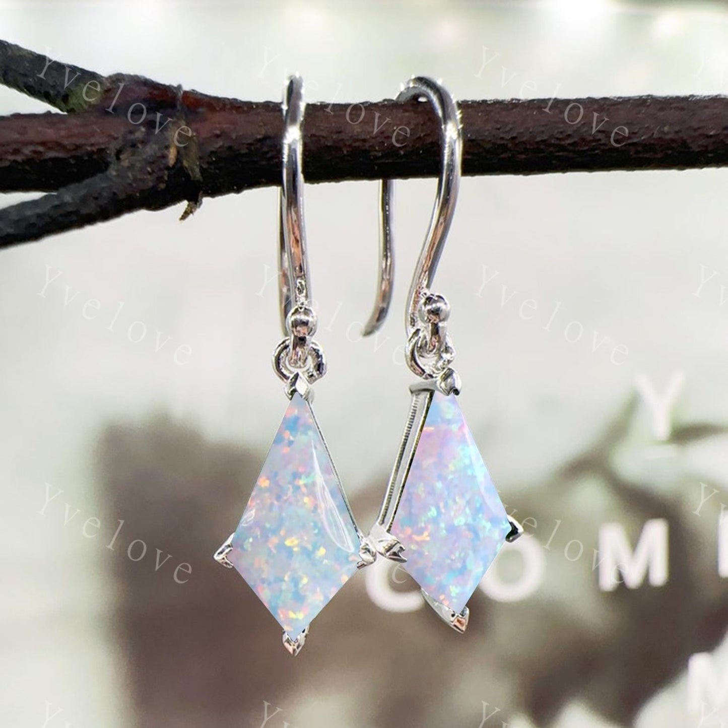 Vintage Kite shape white opal earrings opal jewelry unique earrings women art deco earring anniversary gift for her October birthday gift