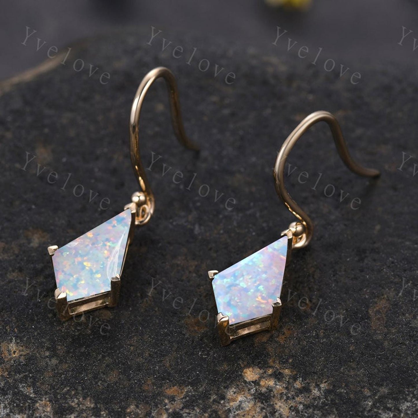 Vintage Kite shape white opal earrings opal jewelry unique earrings women art deco earring anniversary gift for her October birthday gift