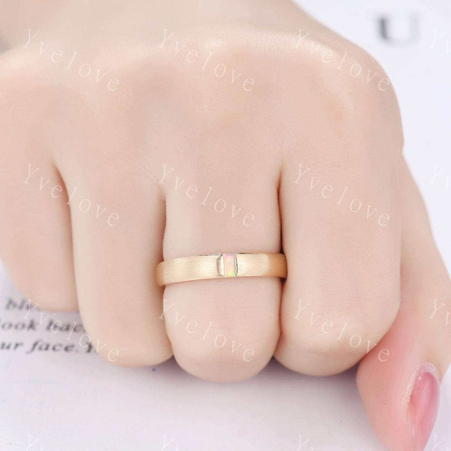 Unisex Opal Wedding Band Baguette Cut White Opal Band 4mm Solid Gold Ring Mens Satin Texture Stacking Matching Band Retro Vintage Ring Gift
