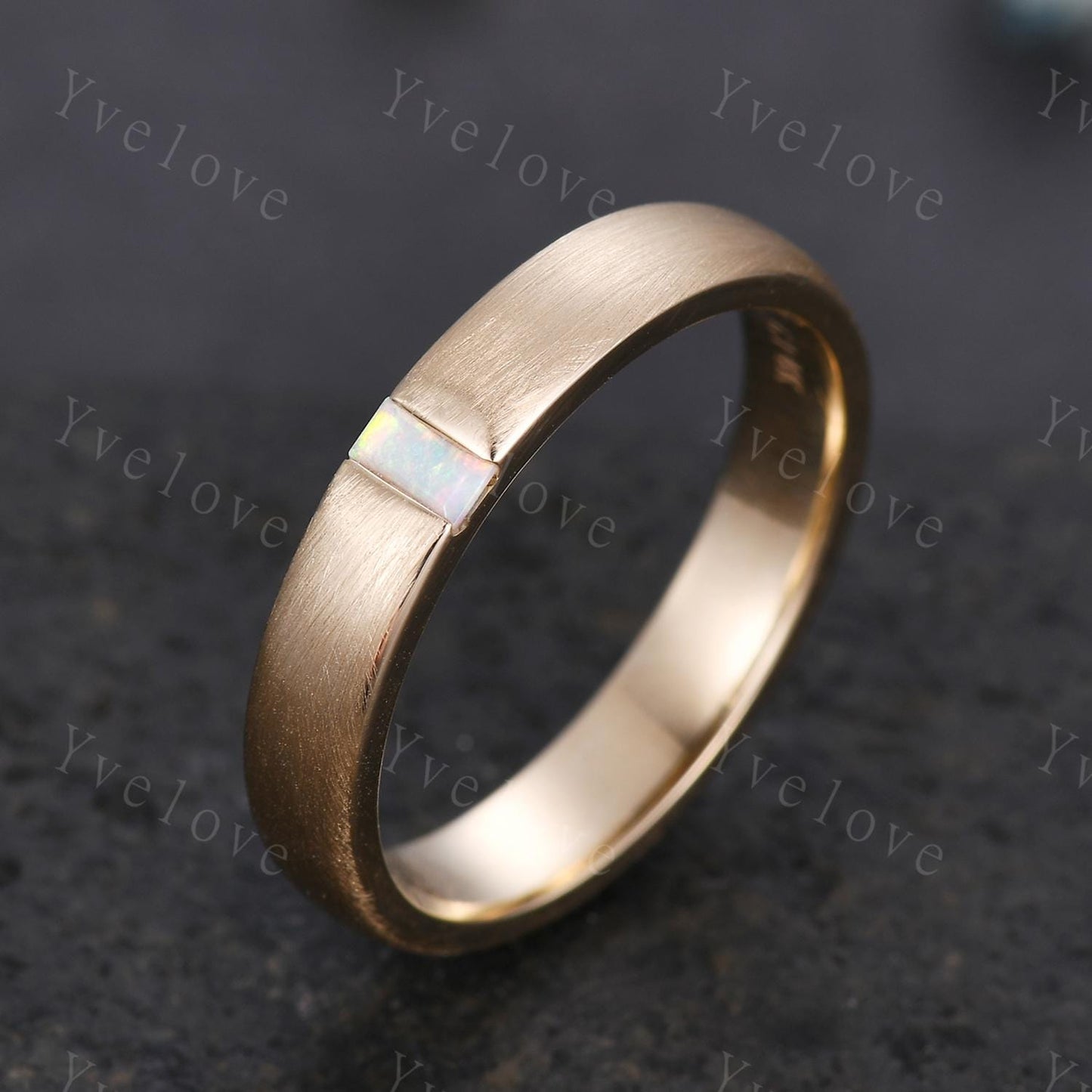 Unisex Opal Wedding Band Baguette Cut White Opal Band 4mm Solid Gold Ring Mens Satin Texture Stacking Matching Band Retro Vintage Ring Gift