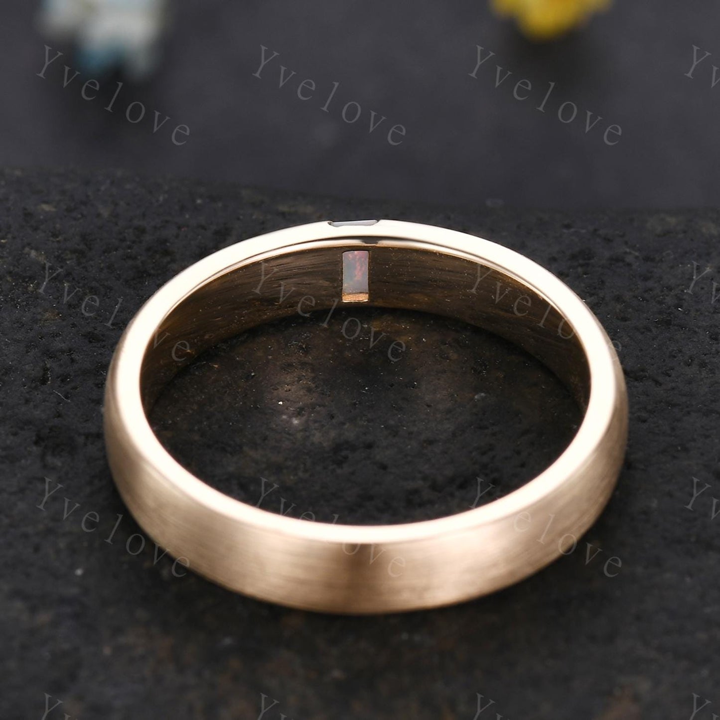 Unisex Opal Wedding Band Baguette Cut White Opal Band 4mm Solid Gold Ring Mens Satin Texture Stacking Matching Band Retro Vintage Ring Gift