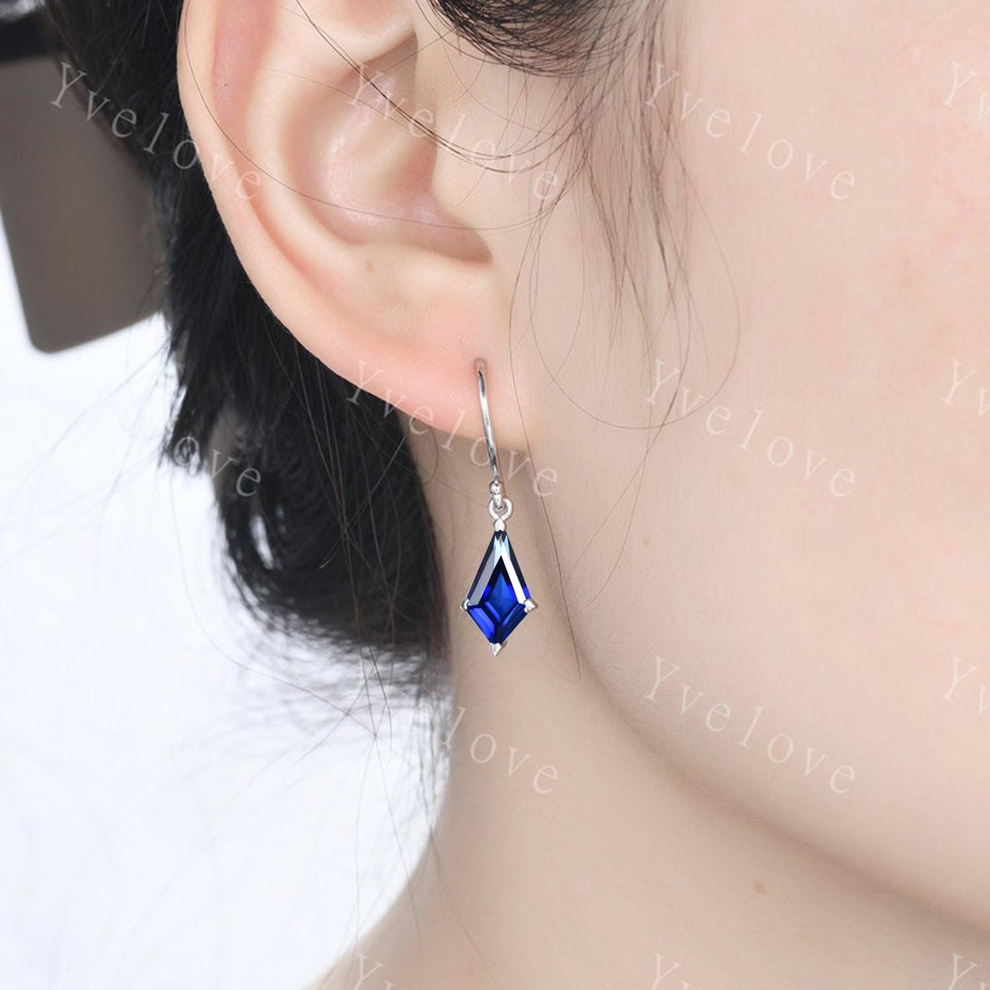 Vintage kite cut blue sapphire earrings sapphire jewelry unique earrings women art deco hook earring anniversary gift for her birthday gift