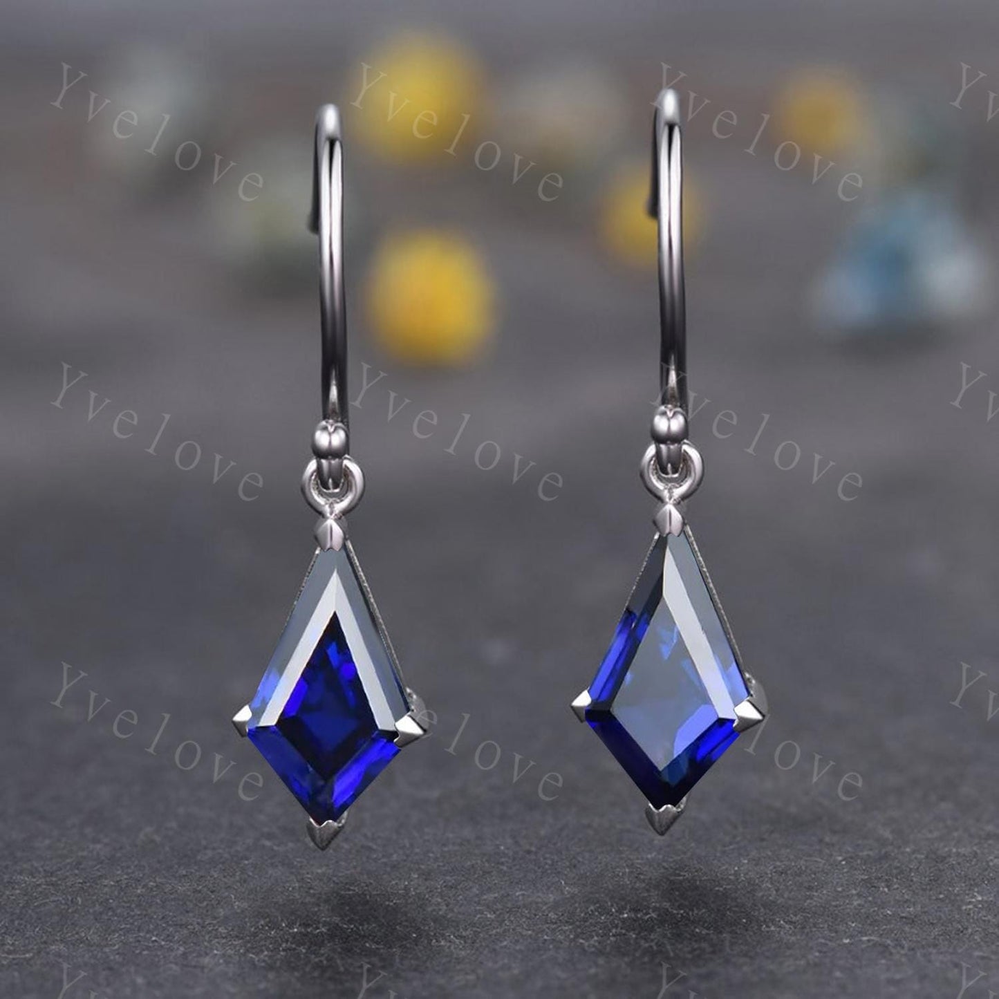 Vintage kite cut blue sapphire earrings sapphire jewelry unique earrings women art deco hook earring anniversary gift for her birthday gift