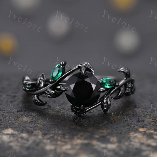 Vintage Round Black Onyx Engagement Ring,Silver Black Gold,Cluster Leaf Emerald Wedding Ring,Women Bridal Ring,Art Deco Promise Ring Gift