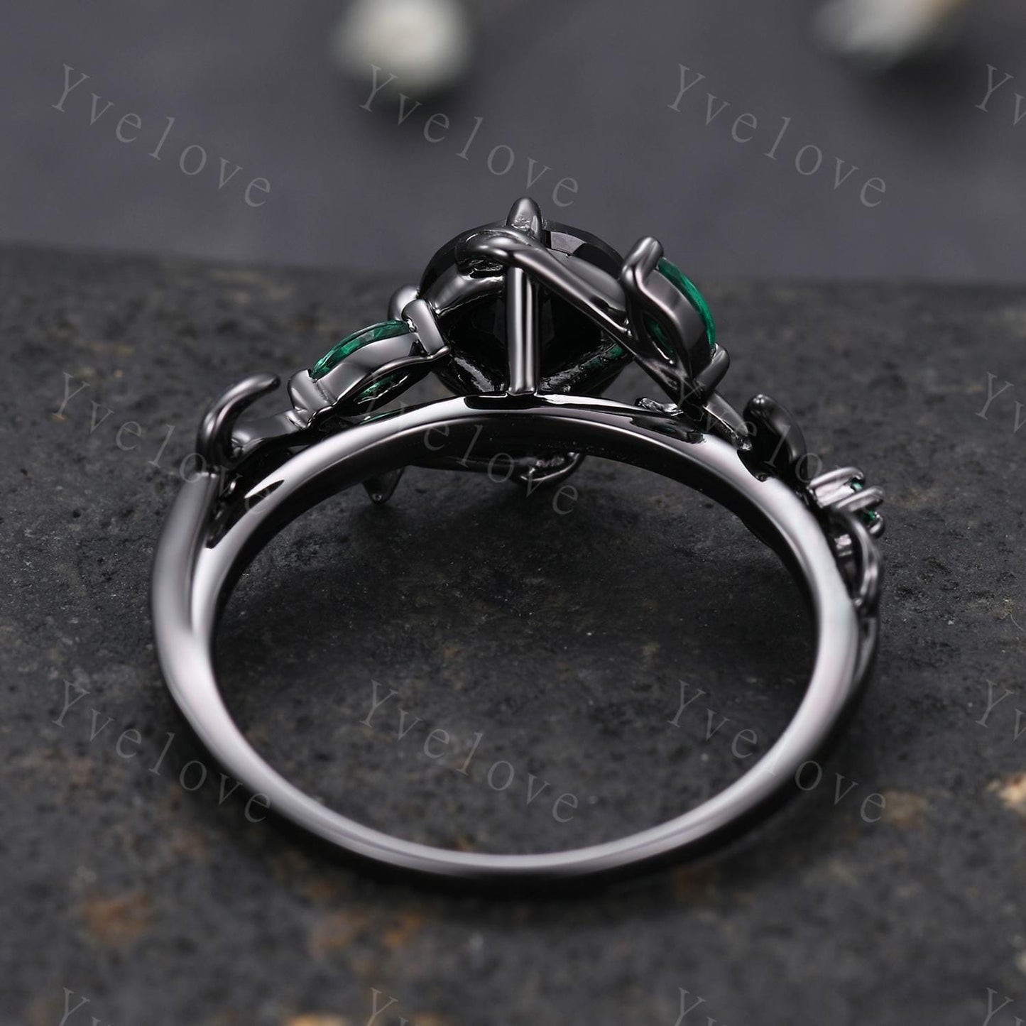 Vintage Round Black Onyx Engagement Ring,Silver Black Gold,Cluster Leaf Emerald Wedding Ring,Women Bridal Ring,Art Deco Promise Ring Gift