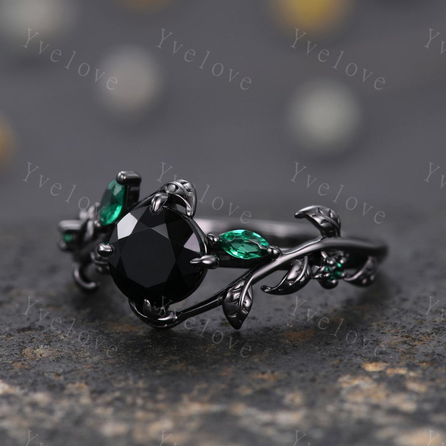 Vintage Round Black Onyx Engagement Ring,Silver Black Gold,Cluster Leaf Emerald Wedding Ring,Women Bridal Ring,Art Deco Promise Ring Gift