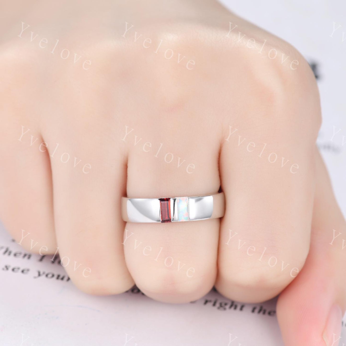 Mens Garnet Opal Wedding Band Baguette Cut Red Garnet Opal Band 5mm White Gold Ring Mens Plain Stacking Matching Band Retro Vintage Gift