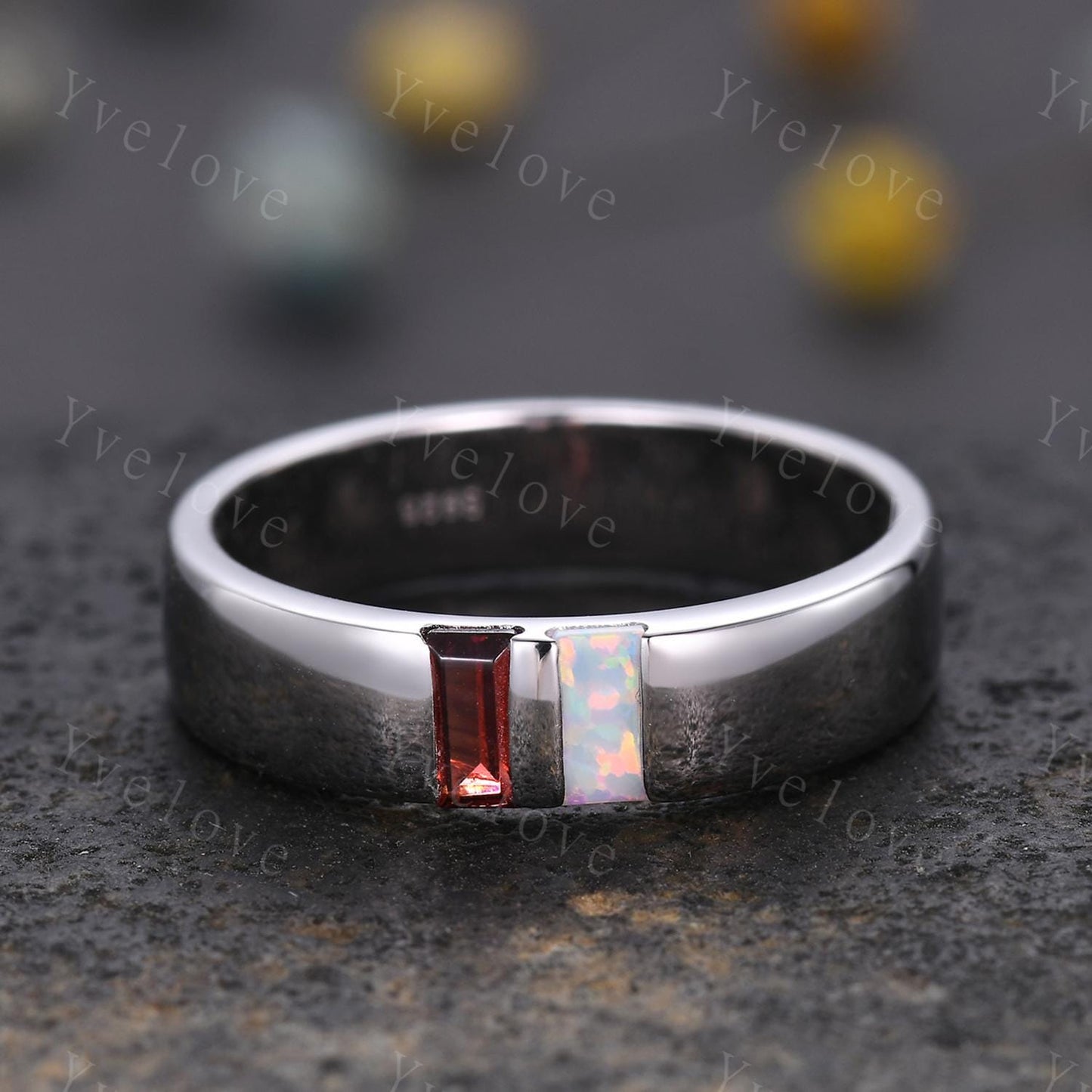 Mens Garnet Opal Wedding Band Baguette Cut Red Garnet Opal Band 5mm White Gold Ring Mens Plain Stacking Matching Band Retro Vintage Gift