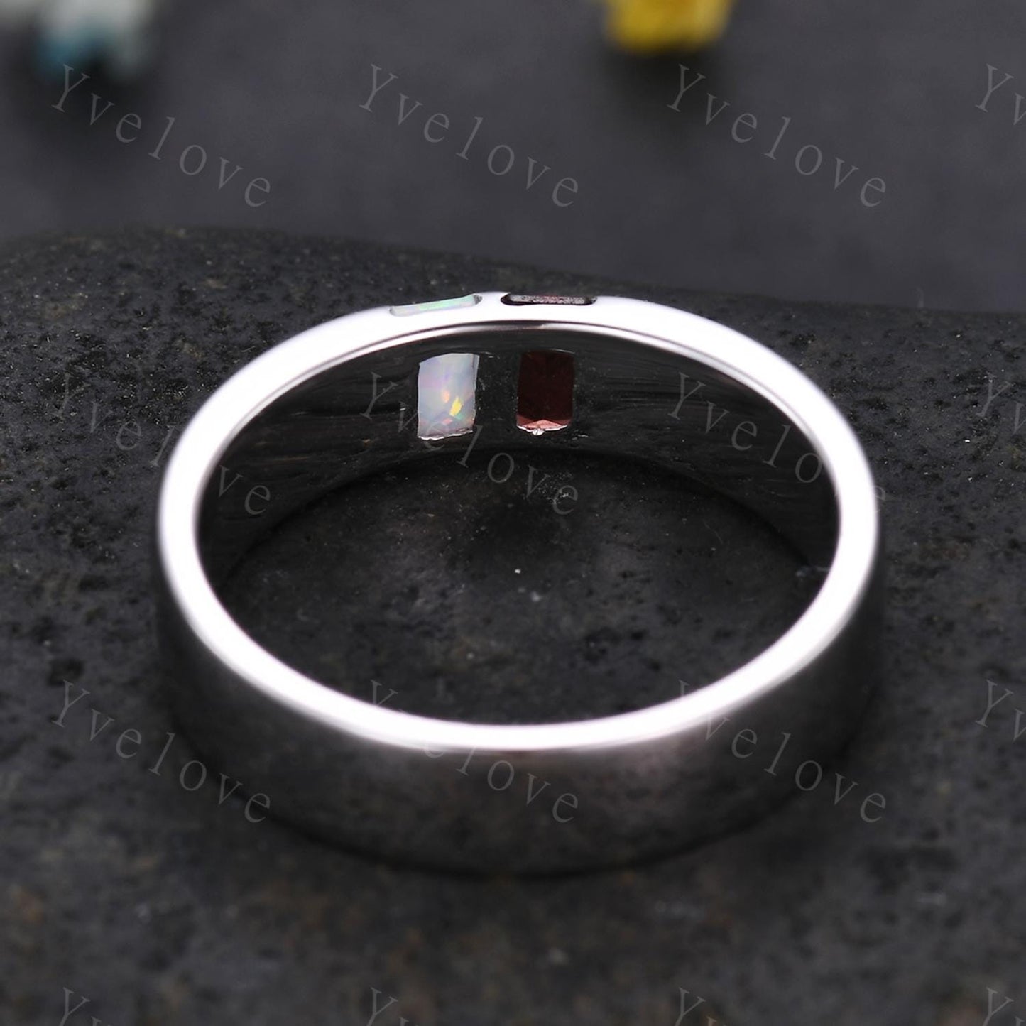 Mens Garnet Opal Wedding Band Baguette Cut Red Garnet Opal Band 5mm White Gold Ring Mens Plain Stacking Matching Band Retro Vintage Gift