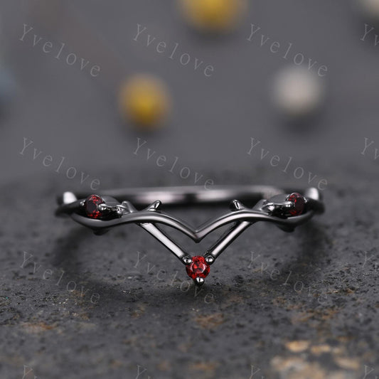 Minimalist Red Garnet Twig Engagement Ring,Twig Matching Band,Women Vine Band,Art Deco V Curved Branch Garnet Wedding Band,Black Gold Ring