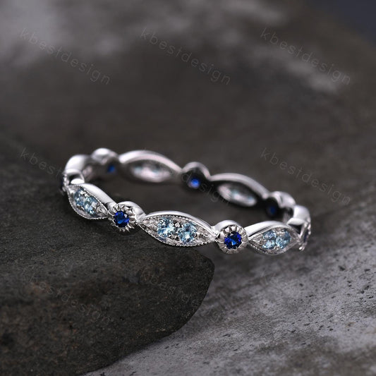Unique Blue Topaz Wedding Band Art Deco Blue Sapphire Ring Sterling Silver Stacking Matching Band December Birthstone Ring Gemstone Band