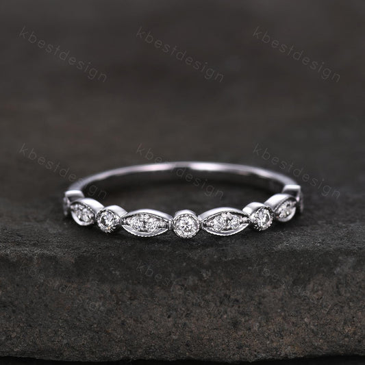 Delicate Moissanite Wedding Band Half Eternity Band Art Deco Moissanite Stacking Band Silver Matching Ring Women Anniversary Ring