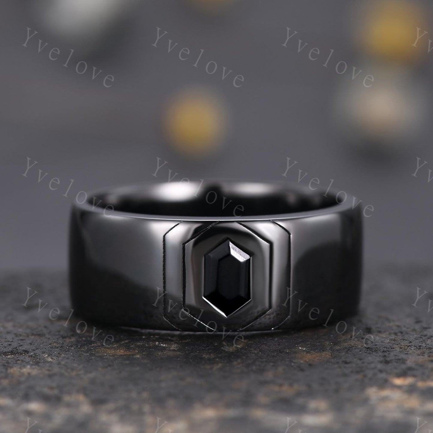 Custom order for Anna, 8mm width band, with hexagon alexandrite, brushed finished, silver black.