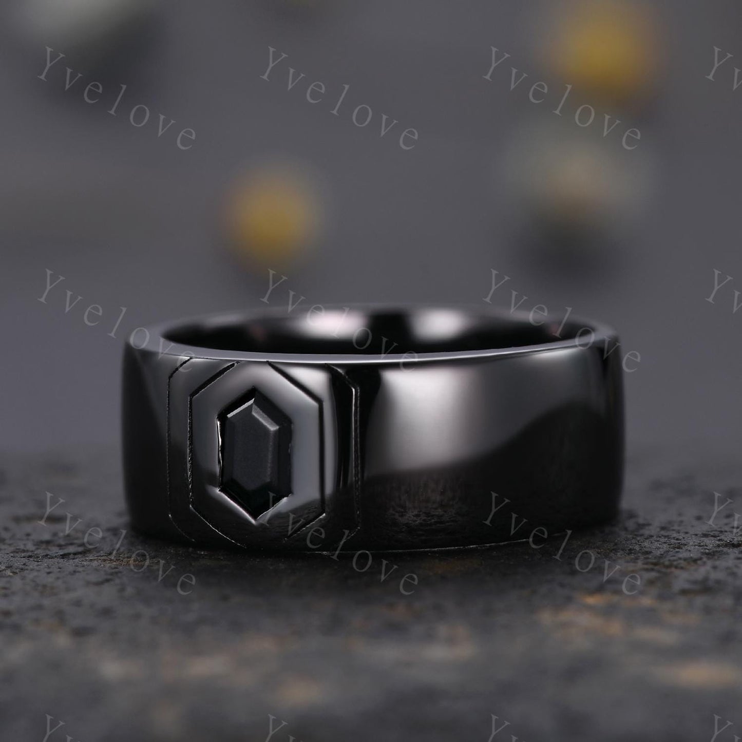 Custom order for Anna, 8mm width band, with hexagon alexandrite, brushed finished, silver black.