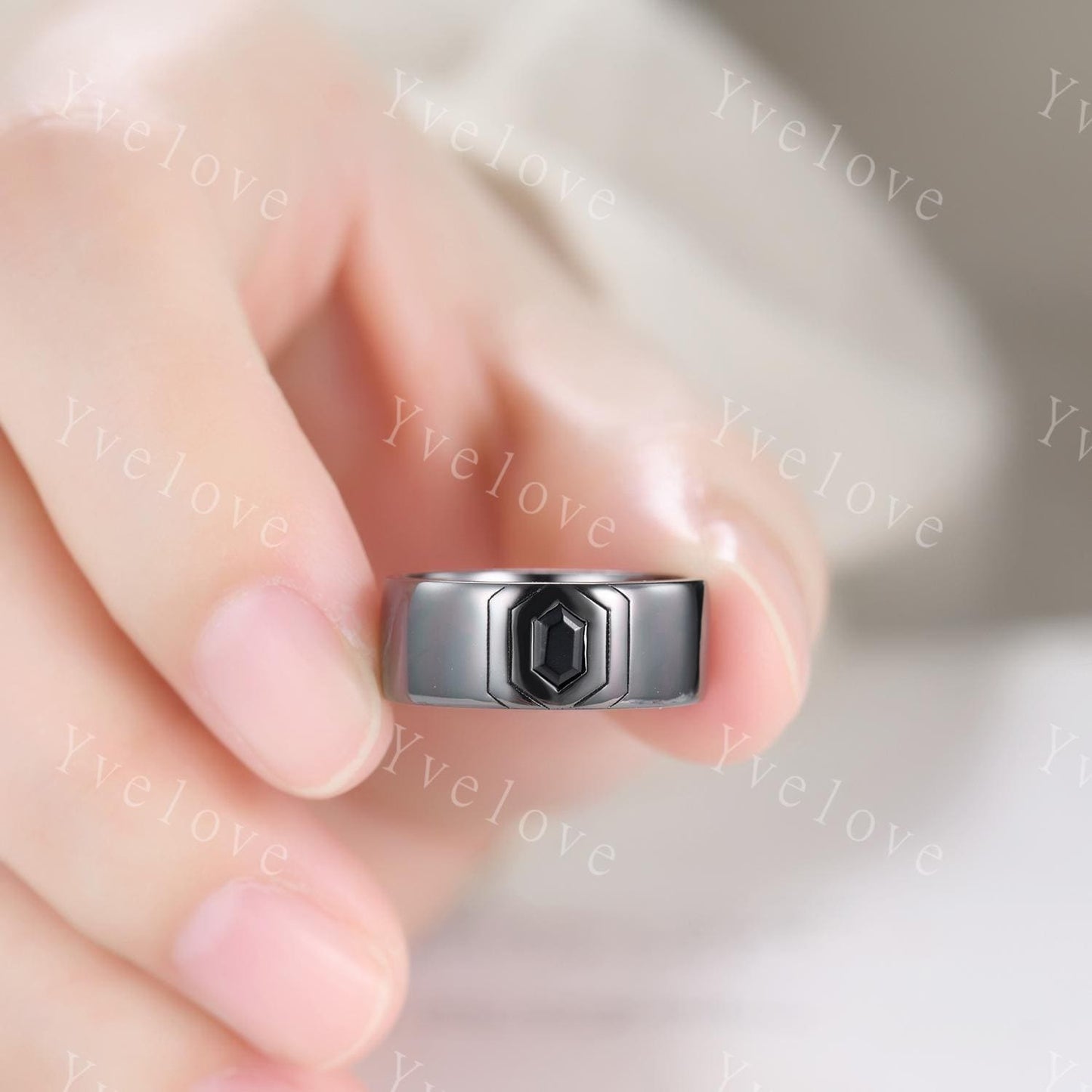 7mm Black Gold Mens Hexagon Black Spinel Wedding Band Nature Inspired Black Gems Engagement Ring Plain Band Mens Stacking Band Promise Ring