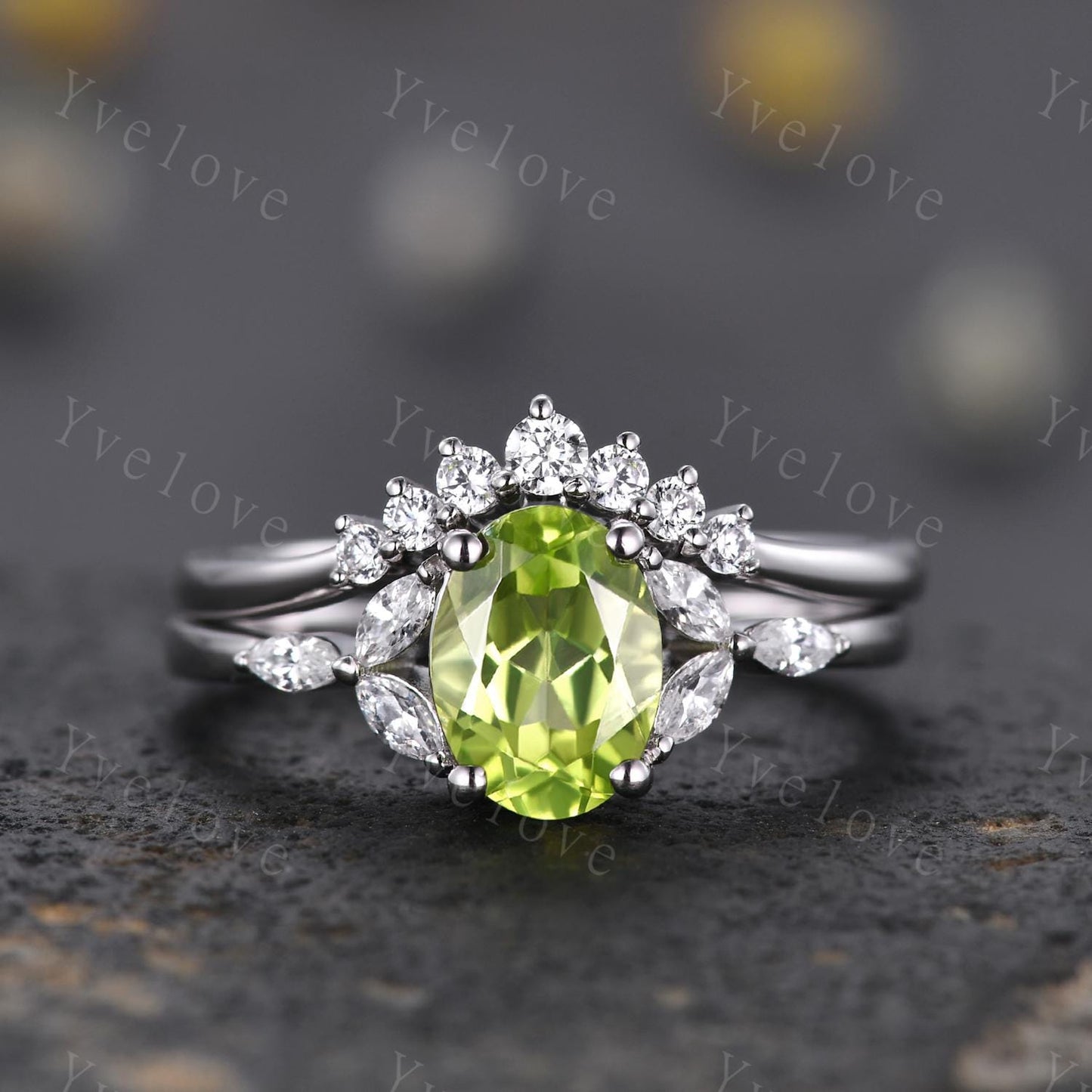 Vintage Peridot Engagement Ring Leaf Oval Green Peridot Ring Moissanite White Gold Art Deco August Birthstone Ring Promise Stacking Band