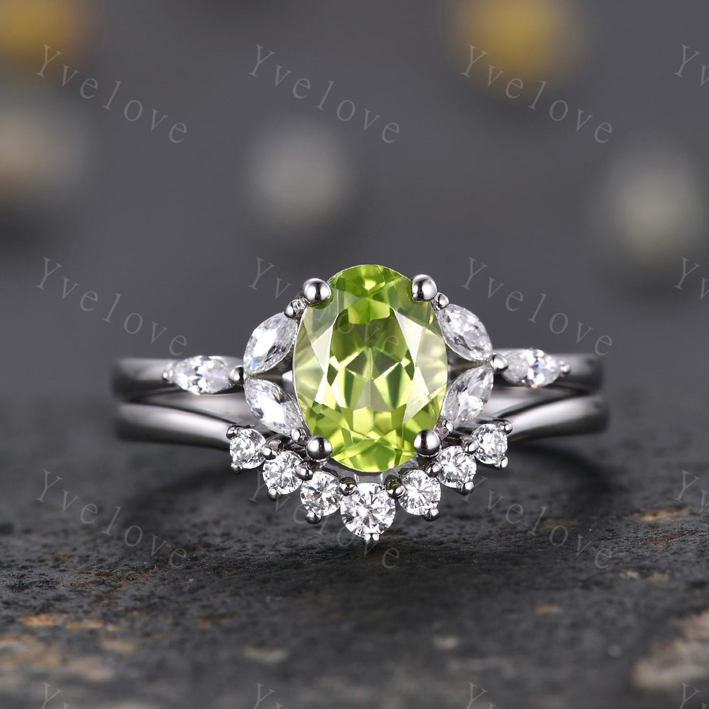 Vintage Peridot Engagement Ring Leaf Oval Green Peridot Ring Moissanite White Gold Art Deco August Birthstone Ring Promise Stacking Band