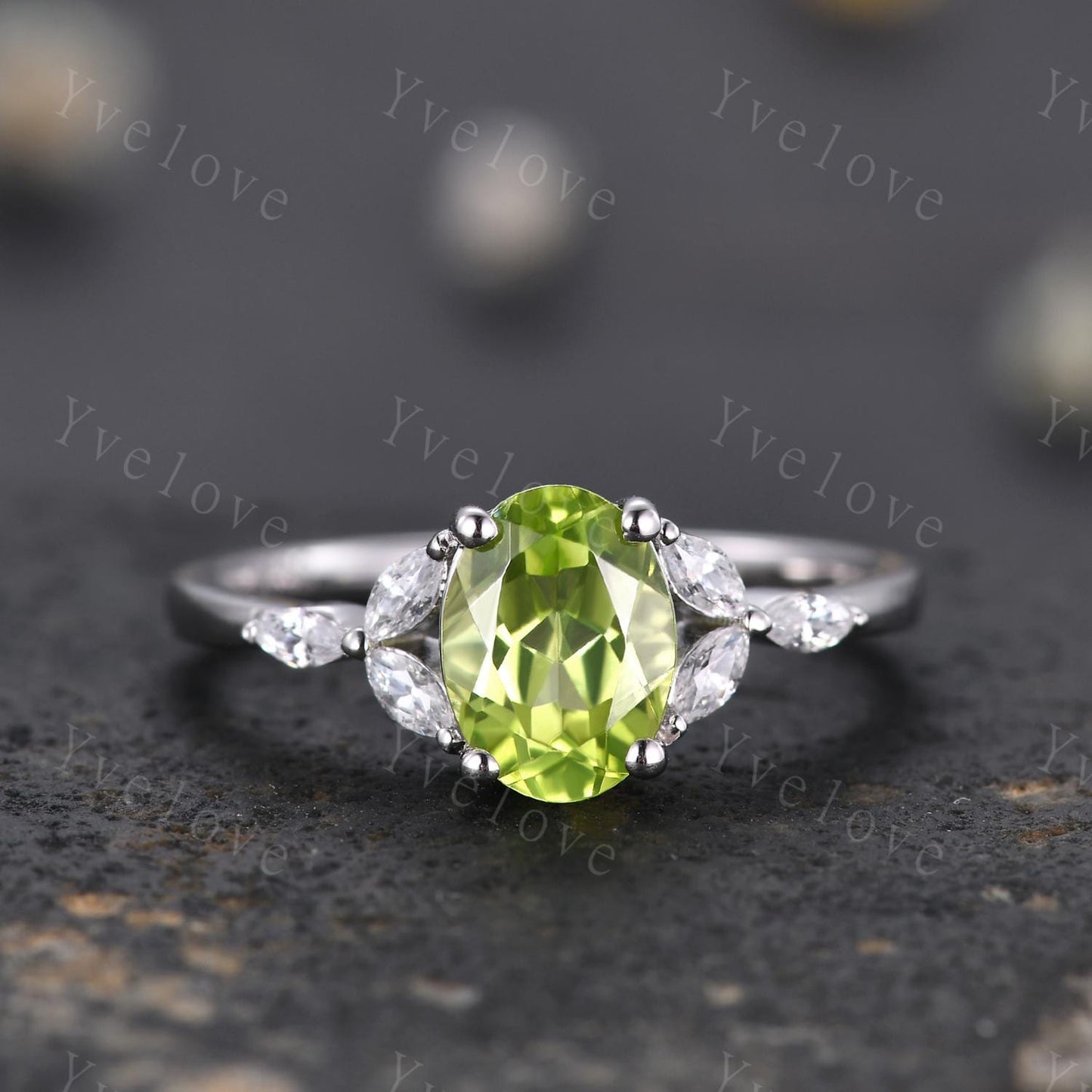 Vintage Peridot Engagement Ring Leaf Oval Green Peridot Ring Moissanite White Gold Art Deco August Birthstone Ring Promise Stacking Band