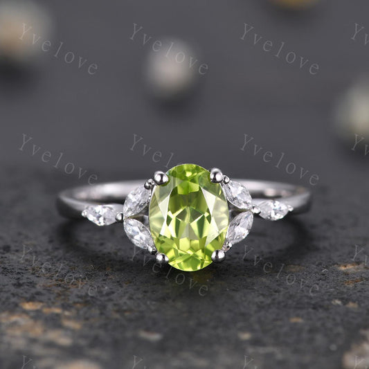 Vintage Peridot Engagement Ring Leaf Oval Green Peridot Ring Moissanite White Gold Art Deco August Birthstone Ring Promise Stacking Band