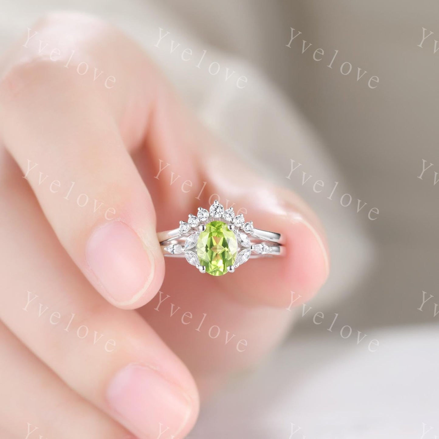 Vintage Peridot Engagement Ring Set Leaf Oval Green Peridot Ring White Gold Art Deco August Birthstone Ring Stacking Band Promise Bridal Set