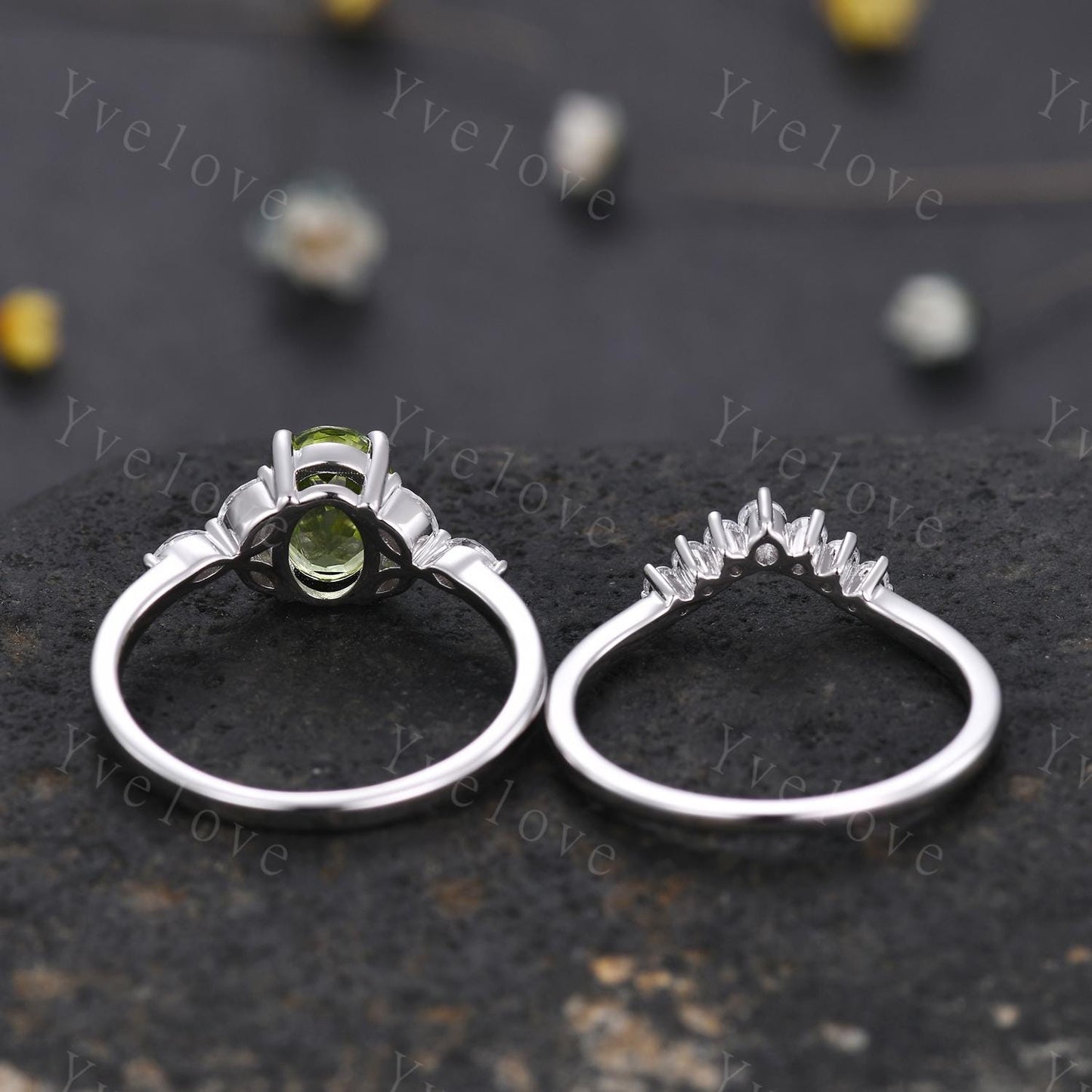 Vintage Peridot Engagement Ring Set Leaf Oval Green Peridot Ring White Gold Art Deco August Birthstone Ring Stacking Band Promise Bridal Set