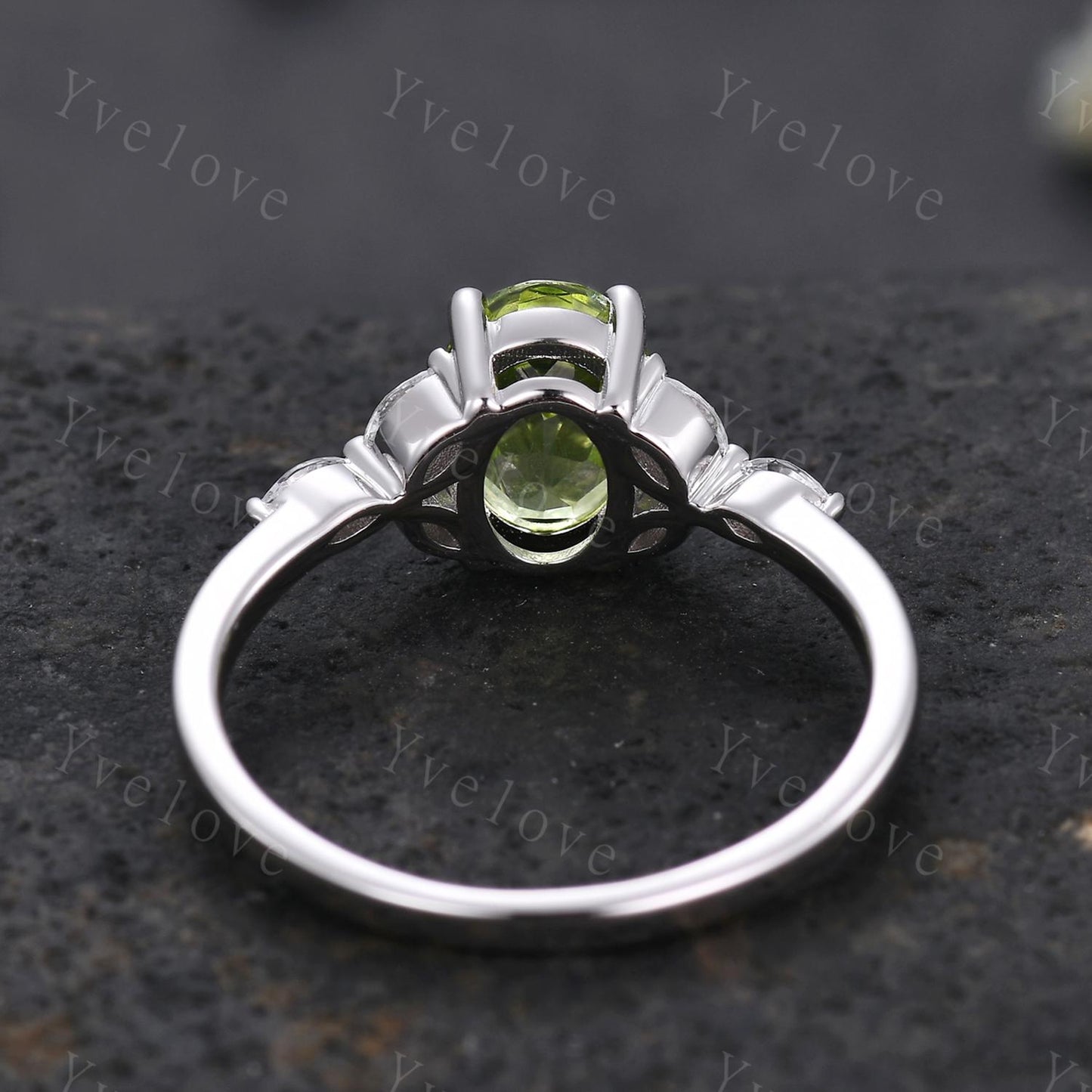 Vintage Peridot Engagement Ring Leaf Oval Green Peridot Ring Moissanite White Gold Art Deco August Birthstone Ring Promise Stacking Band