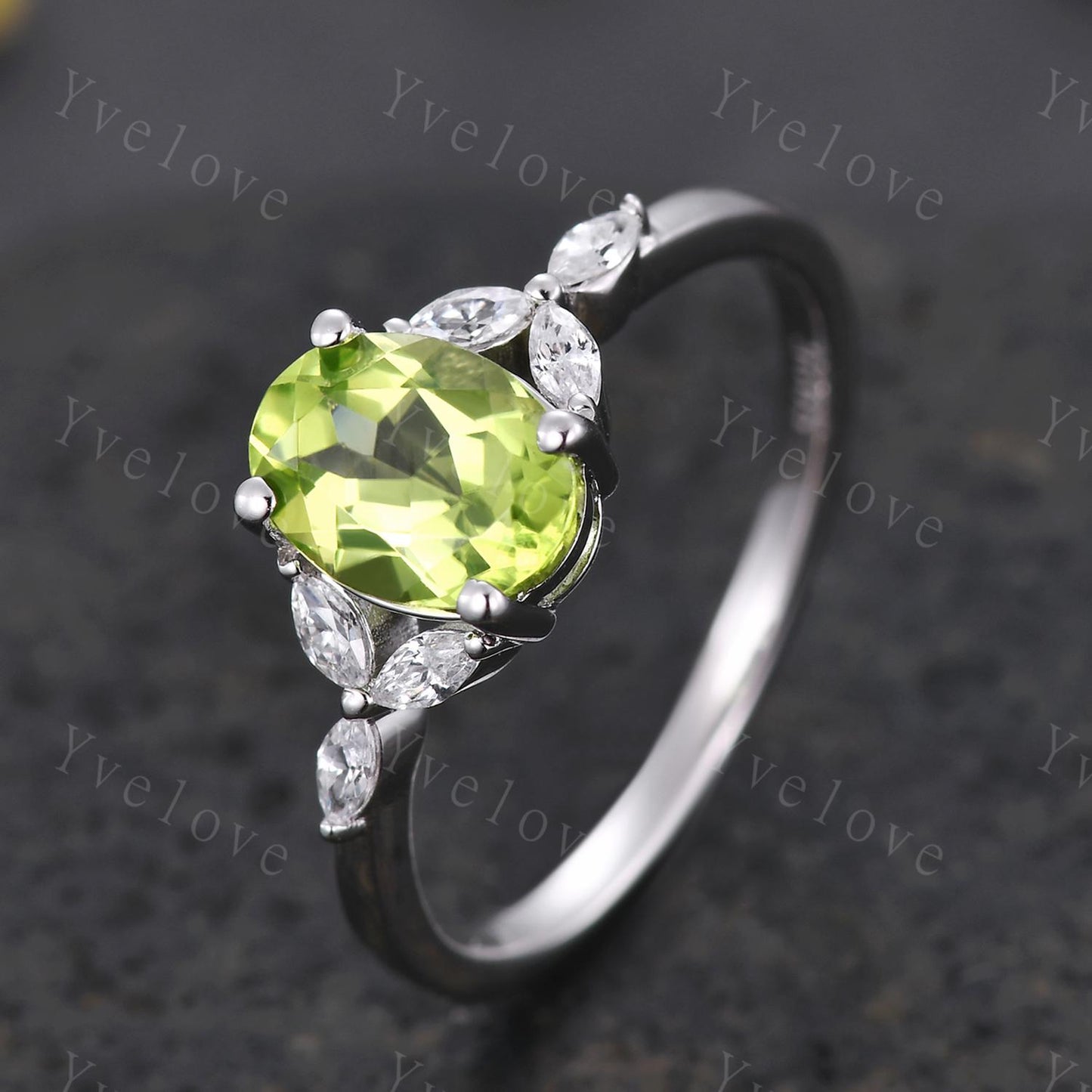 Vintage Peridot Engagement Ring Leaf Oval Green Peridot Ring Moissanite White Gold Art Deco August Birthstone Ring Promise Stacking Band