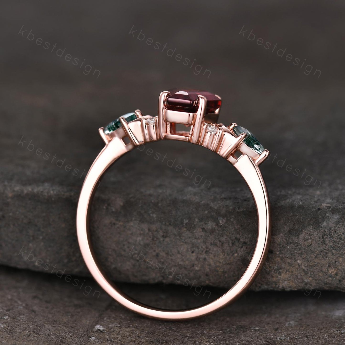 Coffin cut Garnet engagement ring unique kite cut moss agate ring crescent style ring rose gold ring for women January birthstone ring