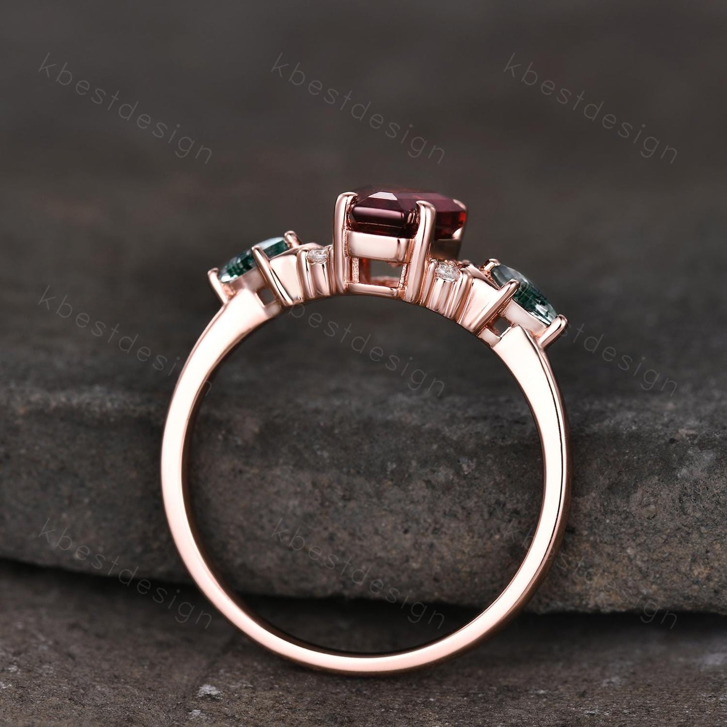 Coffin cut Garnet engagement ring unique kite cut moss agate ring crescent style ring rose gold ring for women January birthstone ring