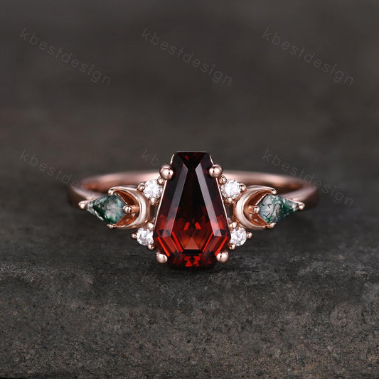 Coffin cut Garnet engagement ring unique kite cut moss agate ring crescent style ring rose gold ring for women January birthstone ring