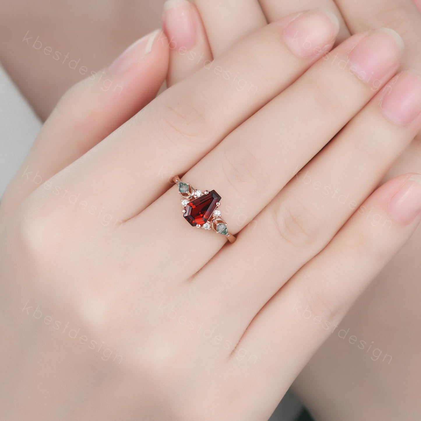 Coffin cut Garnet engagement ring unique kite cut moss agate ring crescent style ring rose gold ring for women January birthstone ring