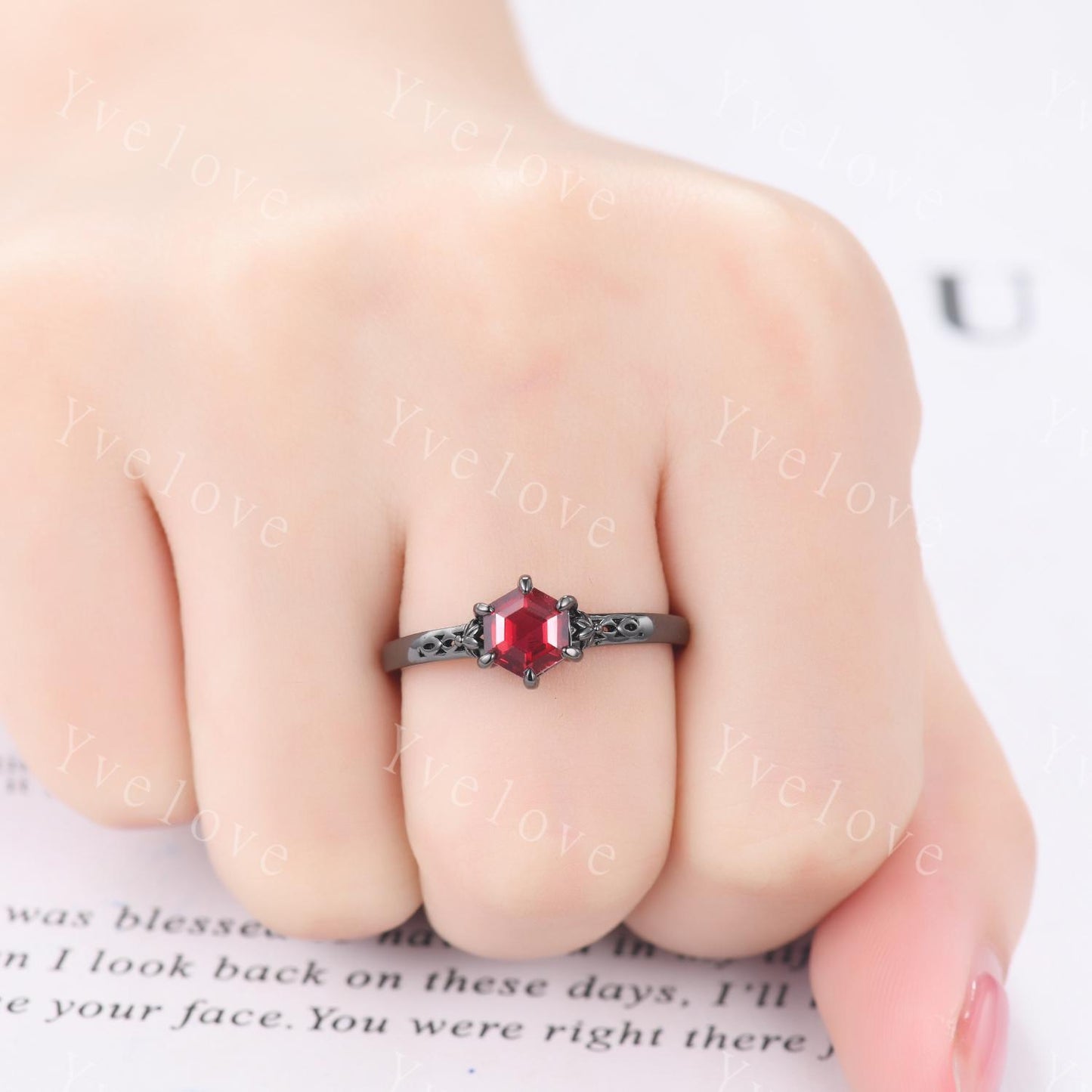 Vintage Red Garnet Engagement Ring Set,Black Gold Ring,Hexagon Cut Bridal Ring,Art Deco Red Garnet V Curved Stack Matching Band,Promise Gift
