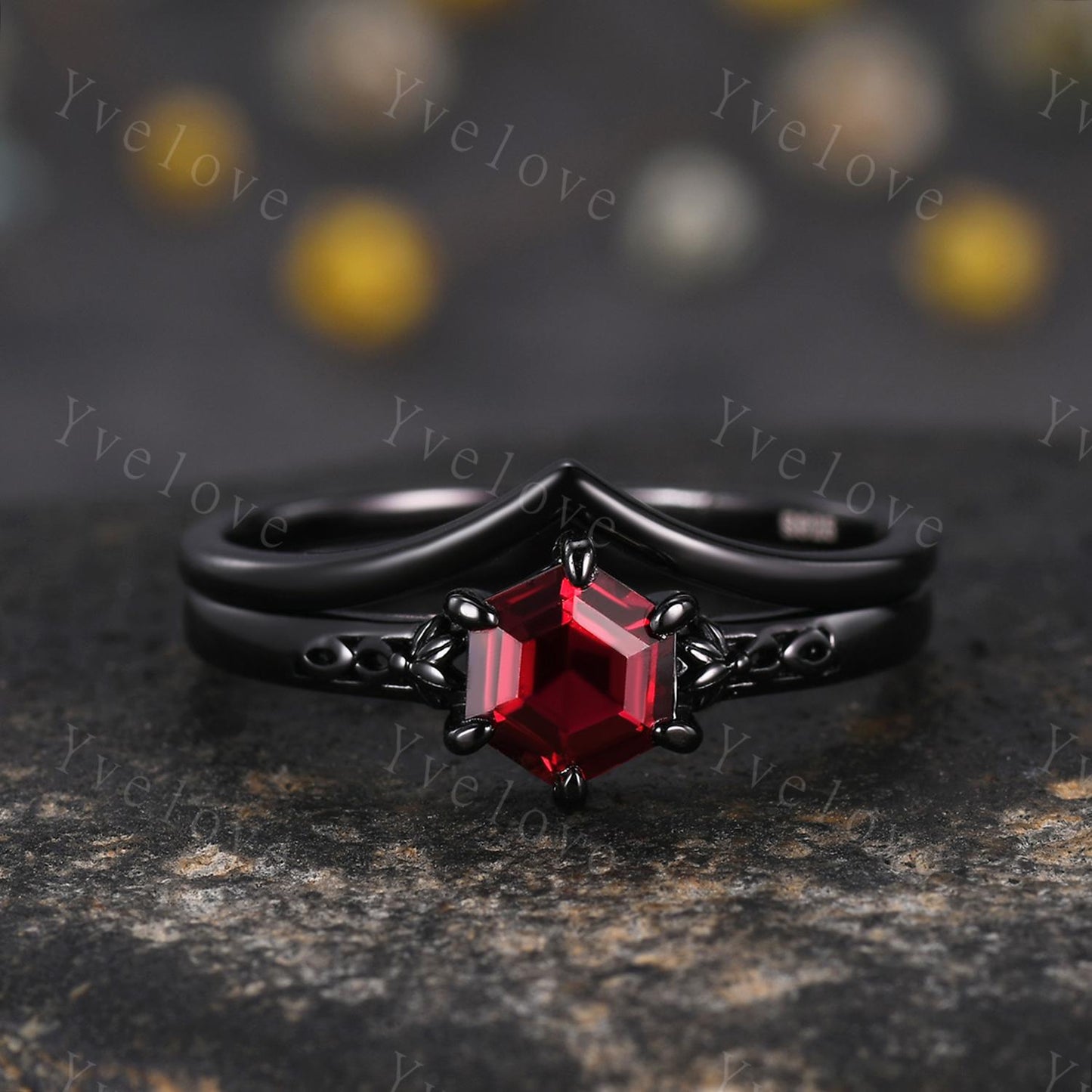 Vintage Red Garnet Engagement Ring Set,Black Gold Ring,Hexagon Cut Bridal Ring,Art Deco Red Garnet V Curved Stack Matching Band,Promise Gift