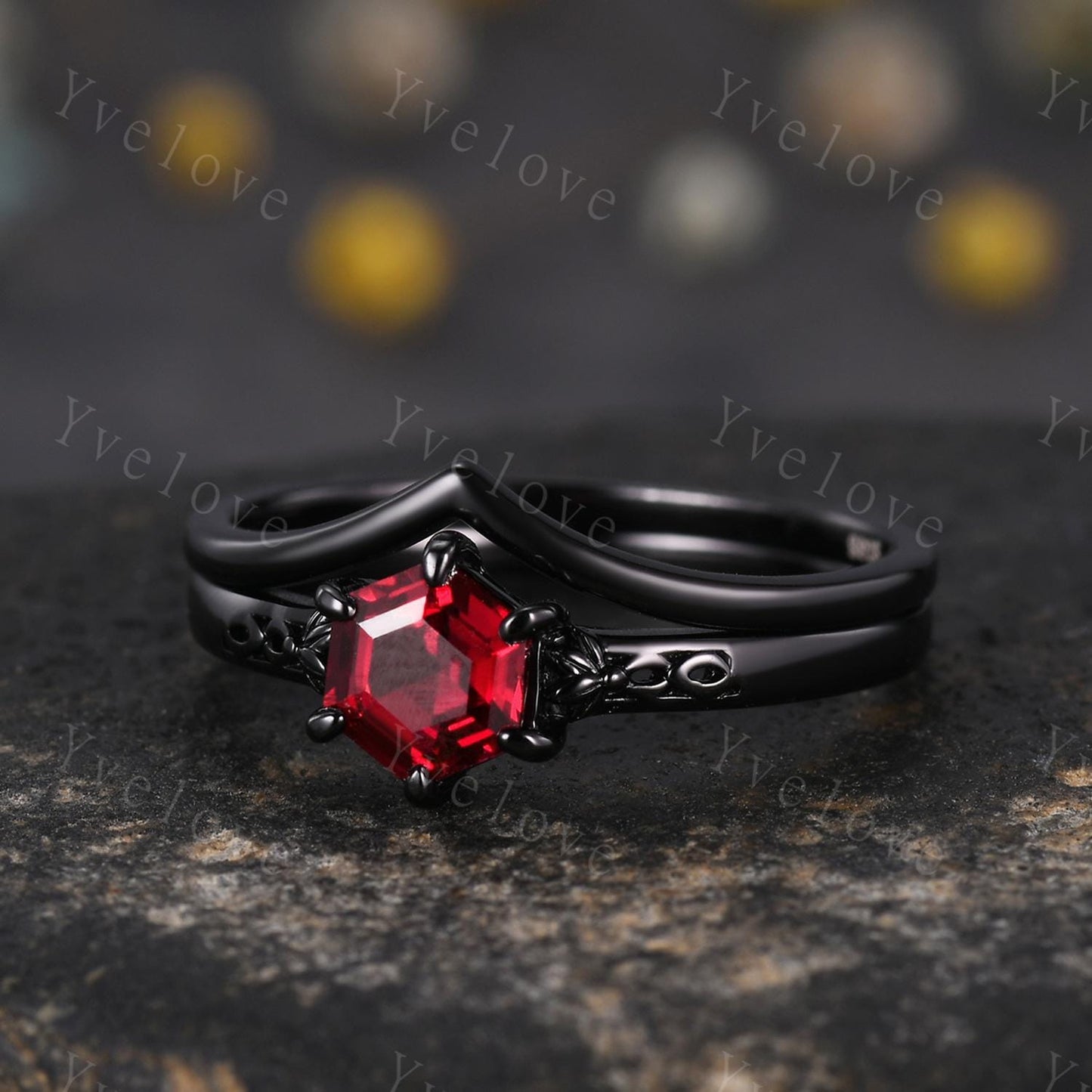 Vintage Red Garnet Engagement Ring Set,Black Gold Ring,Hexagon Cut Bridal Ring,Art Deco Red Garnet V Curved Stack Matching Band,Promise Gift