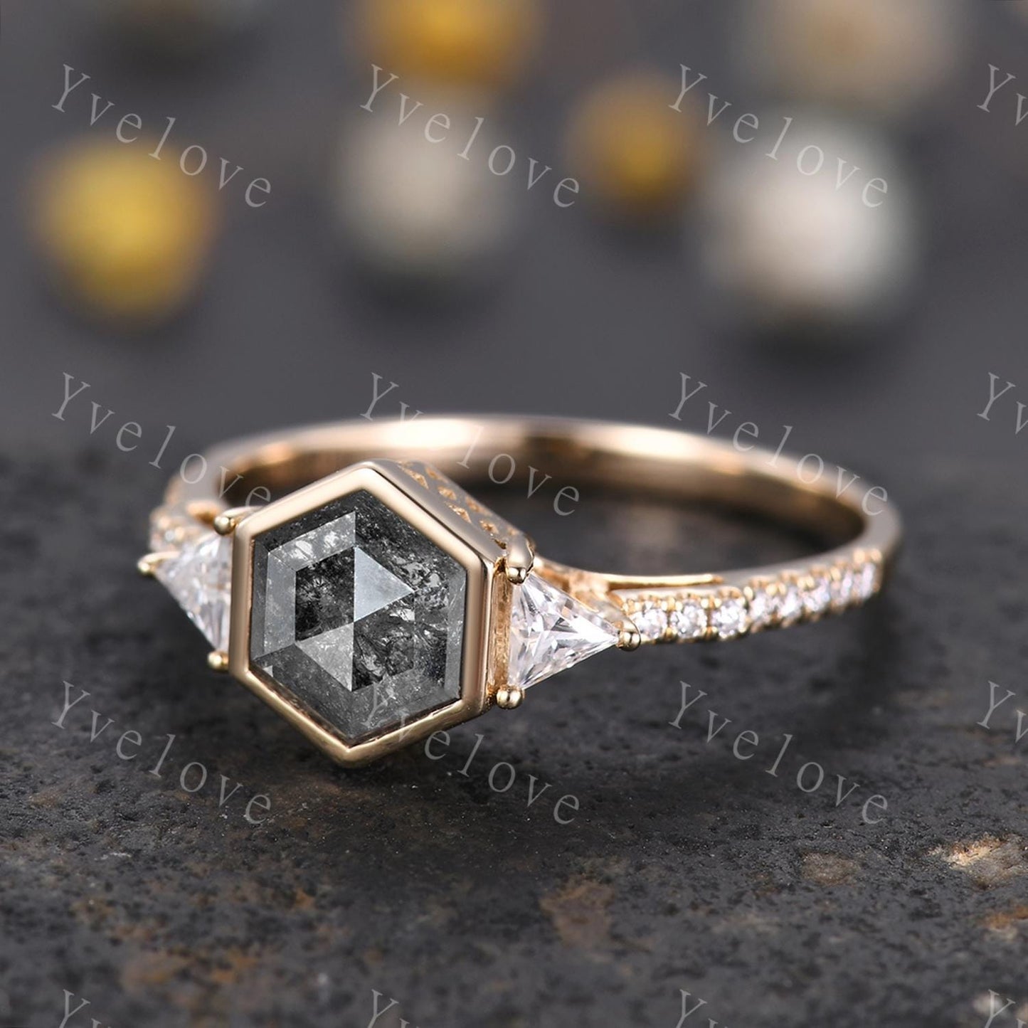 Vintage Hexagon Cut Salt Pepper Diamond Engagement Ring,Triangle Moissanite Band,14K Gold Bridal Ring,Art Deco Women Ring Promise Gift