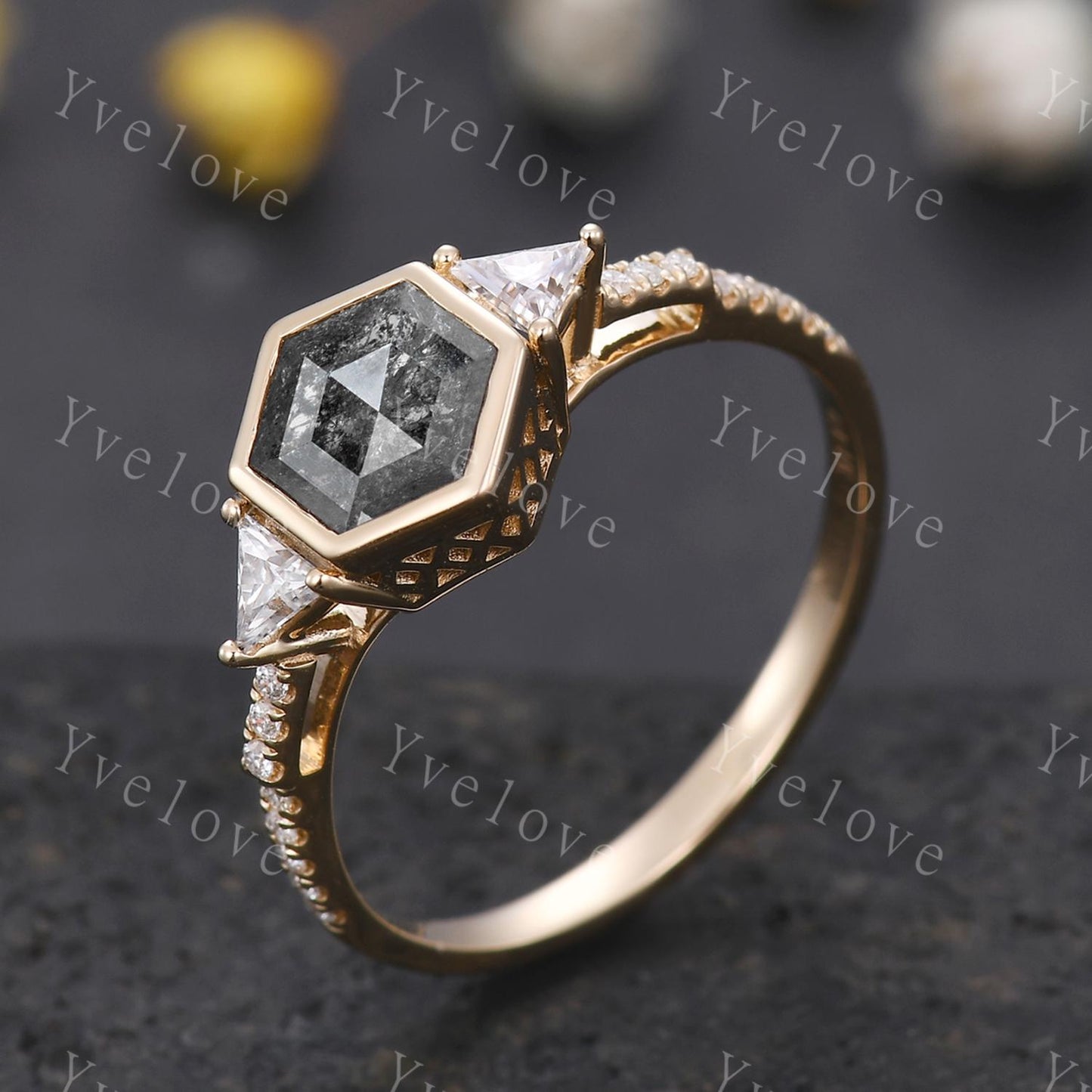 Vintage Hexagon Cut Salt Pepper Diamond Engagement Ring,Triangle Moissanite Band,14K Gold Bridal Ring,Art Deco Women Ring Promise Gift