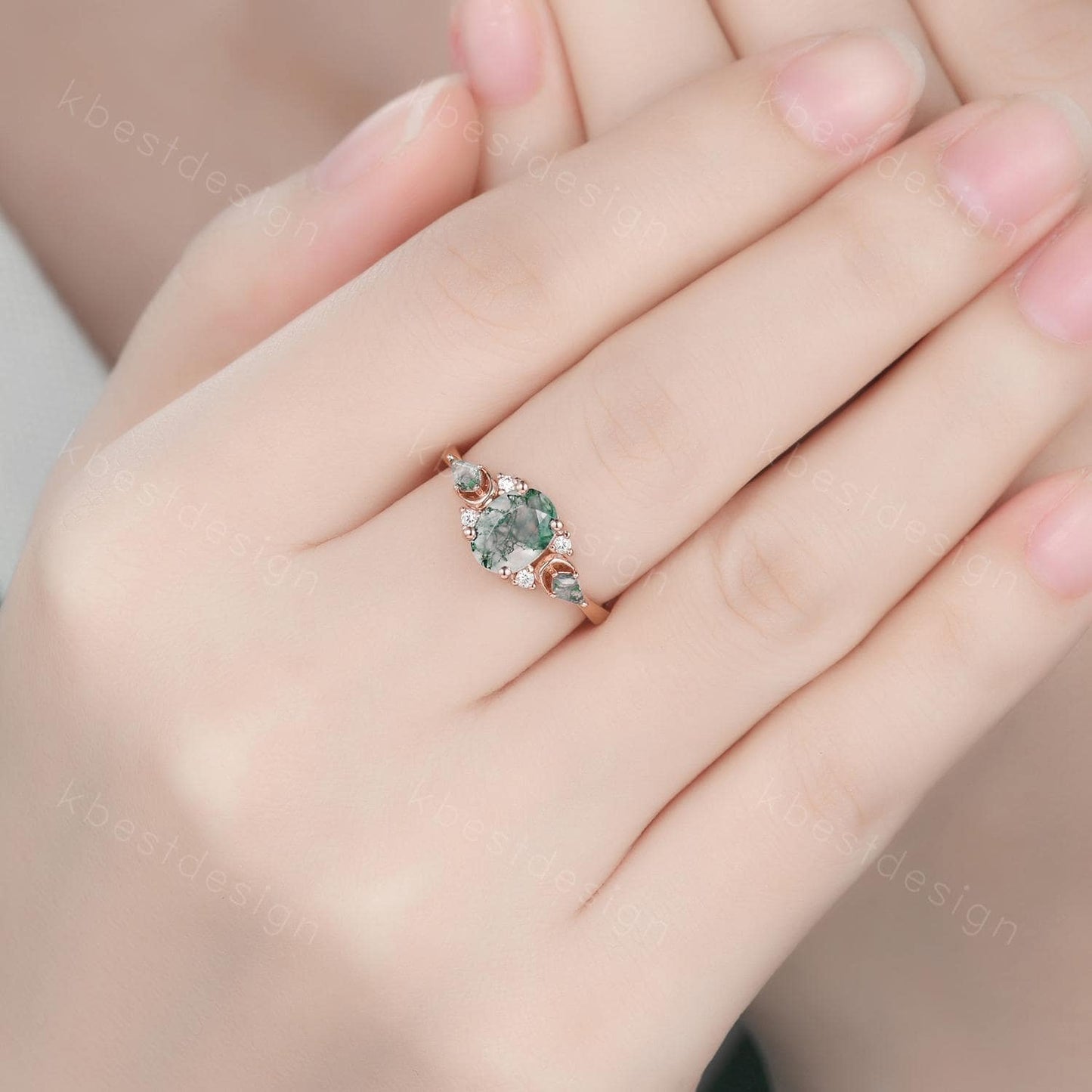 Vintage moss agate engagement ring unique rose gold ring for women crescent style ring kite cut moss agate cluster ring bridal ring