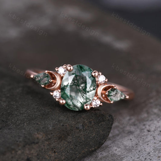Vintage moss agate engagement ring unique rose gold ring for women crescent style ring kite cut moss agate cluster ring bridal ring