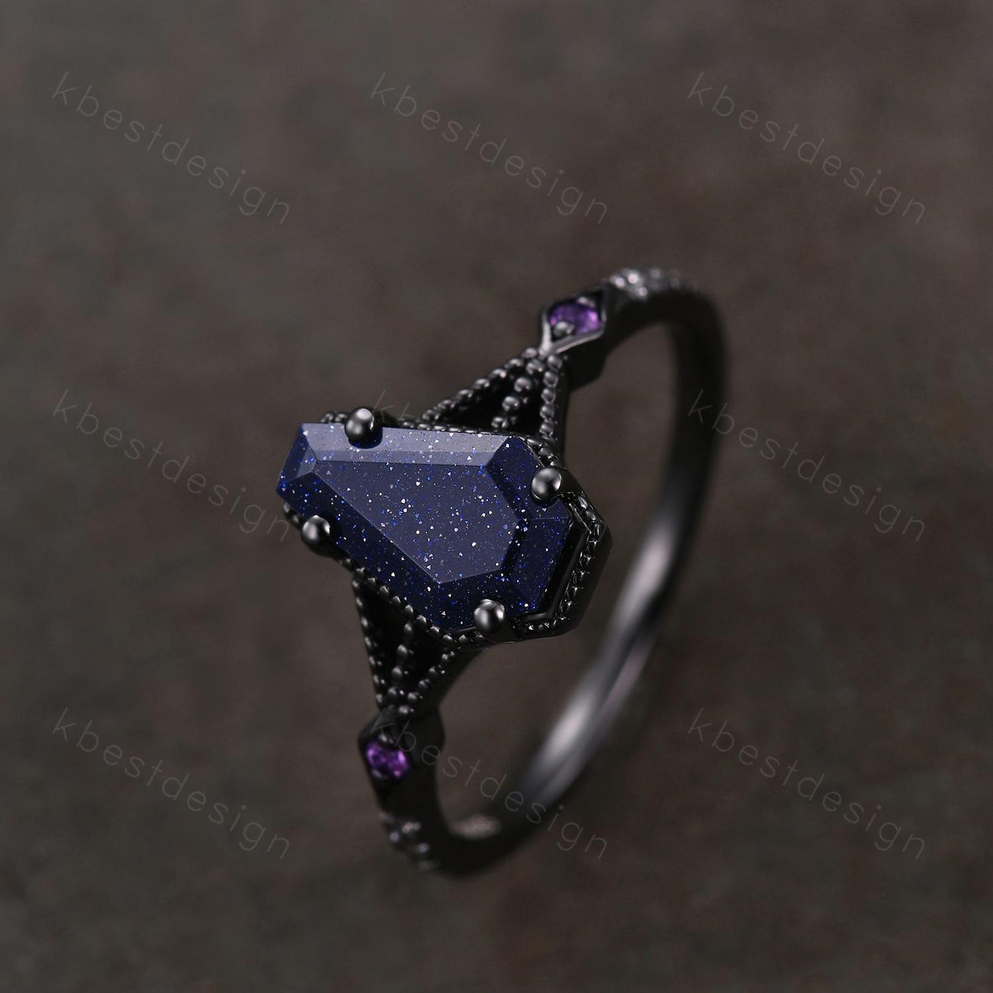 Coffin cut blue sandstone engagement ring Black gold ring Art deco milgrain amethyst wedding ring gothic galaxy ring bridal promise ring